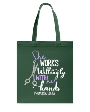 Hairstylist works willingly with her hands Tote Bag tile
