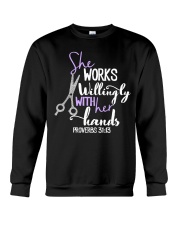 Hairstylist works willingly with her hands Crewneck Sweatshirt tile