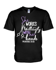 Hairstylist works willingly with her hands V-Neck T-Shirt tile