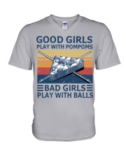 Bad girls play with balls V-Neck T-Shirt tile
