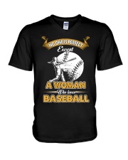 Woman who loves baseball V-Neck T-Shirt tile
