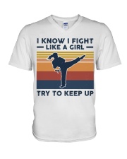 I Know I Fight Like A Girl - Karate Retro V-Neck T-Shirt tile