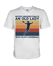 Never Underestimate An Old Lady - Handball Retro V-Neck T-Shirt tile