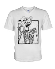 Skeleton Drinking Coffee V-Neck T-Shirt tile