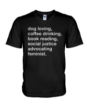 Dog Loving Coffee Drinking Book Reading Feminist V-Neck T-Shirt tile