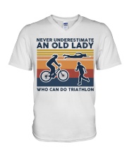 Never Underestimate An Old Lady - Triathlon Retro V-Neck T-Shirt tile