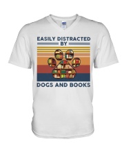 Easily Distracted By Dogs And Books Retro V-Neck T-Shirt tile