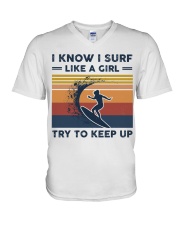 I Know I Surf Like A Girl - Surfing Retro V-Neck T-Shirt tile