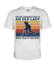 Never Underestimate An Old Lady - Hockey Retro V-Neck T-Shirt tile