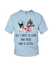 Sloth I Need Is Love And Beer And A Sloth Youth T-Shirt tile