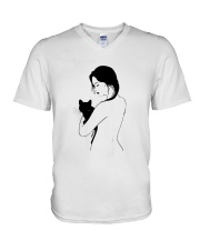 Girl Nude Hugging Black Cat Shirt V-Neck T-Shirt thumbnail