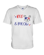 American Flag Red White And Meow Shirt V-Neck T-Shirt thumbnail
