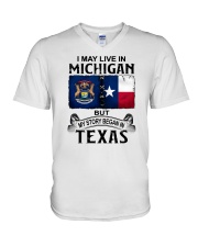 LIVE IN MICHIGAN BEGAN IN TEXAS V-Neck T-Shirt tile