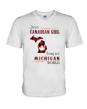 CANADIAN GIRL LIVING IN MICHIGAN WORLD V-Neck T-Shirt tile