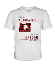 ALASKA GIRL LIVING IN OREGON WORLD V-Neck T-Shirt tile