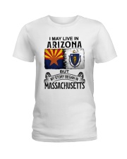 LIVE IN ARIZONA BEGAN IN MASSACHUSETTS Ladies T-Shirt tile