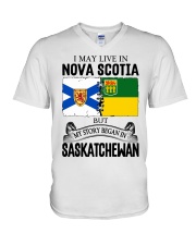 LIVE IN NOVA SCOTIA BEGAN IN SASKATCHEWAN ROOT V-Neck T-Shirt thumbnail