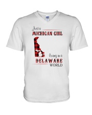 MICHIGAN GIRL LIVING IN DELAWARE WORLD V-Neck T-Shirt thumbnail