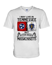 LIVE IN TENNESSEE BEGAN IN MASSACHUSETTS V-Neck T-Shirt tile