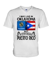 LIVE IN OKLAHOMA BEGAN IN PUERTO RICO V-Neck T-Shirt tile