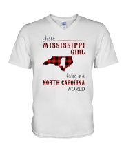 MISSISSIPPI GIRL LIVING IN NORTH CAROLINA WORLD V-Neck T-Shirt tile