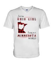 OHIO GIRL LIVING IN MINNESOTA WORLD V-Neck T-Shirt tile