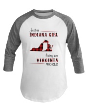 INDIANA GIRL LIVING IN VIRGINIA WORLD Baseball Tee thumbnail