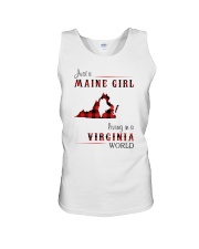 MAINE GIRL LIVING IN VIRGINIA WORLD Unisex Tank tile