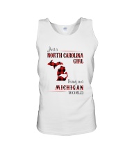 NORTH CAROLINA GIRL LIVING IN MICHIGAN WORLD Unisex Tank tile