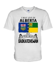 LIVE IN ALBERTA BEGAN IN SASKATCHEWAN ROOT WOMEN V-Neck T-Shirt thumbnail