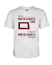 SOUTH DAKOTA GIRL LIVING IN NORTH DAKOTA WORLD V-Neck T-Shirt thumbnail