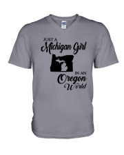 JUST A MICHIGAN GIRL IN AN OREGON WORLD V-Neck T-Shirt thumbnail