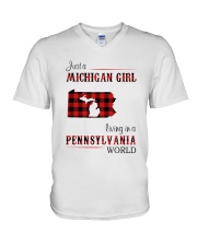 MICHIGAN GIRL LIVING IN PENNSYLVANIA WORLD V-Neck T-Shirt thumbnail