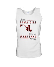 IOWA GIRL LIVING IN MARYLAND WORLD Unisex Tank thumbnail