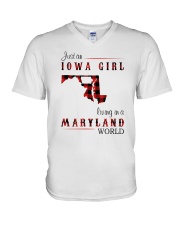 IOWA GIRL LIVING IN MARYLAND WORLD V-Neck T-Shirt thumbnail