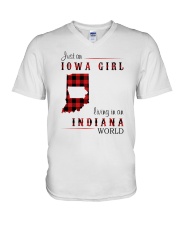 IOWA GIRL LIVING IN INDIANA WORLD V-Neck T-Shirt thumbnail