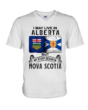 LIVE IN ALBERTA BEGAN IN NOVA SCOTIA V-Neck T-Shirt tile