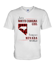 NORTH CAROLINA GIRL LIVING IN NEVADA WORLD V-Neck T-Shirt tile