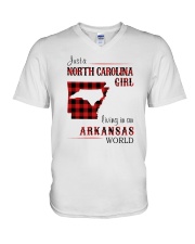 NORTH CAROLINA GIRL LIVING IN ARKANSAS WORLD V-Neck T-Shirt tile