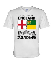 LIVE IN ENGLAND BEGAN IN SASKATCHEWAN ROOT V-Neck T-Shirt thumbnail
