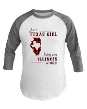 TEXAS GIRL LIVING IN ILLINOIS WORLD Baseball Tee tile