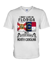 LIVE IN FLORIDA BEGAN IN NORTH CAROLINA V-Neck T-Shirt tile