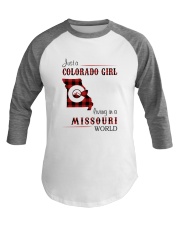 COLORADO GIRL LIVING IN MISSOURI WORLD Baseball Tee tile