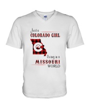 COLORADO GIRL LIVING IN MISSOURI WORLD V-Neck T-Shirt tile