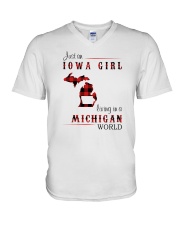 IOWA GIRL LIVING IN MICHIGAN WORLD V-Neck T-Shirt thumbnail