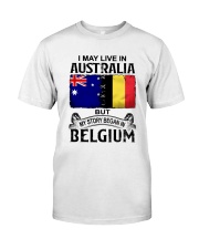 LIVE IN AUSTRALIA BEGAN IN BELGIUM Classic T-Shirt tile