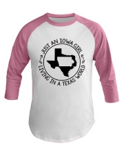 JUST AN IOWA GIRL LIVING IN TEXAS WORLD Baseball Tee thumbnail