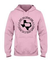 JUST AN IOWA GIRL LIVING IN TEXAS WORLD Hooded Sweatshirt front