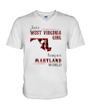 WEST VIRGINIA GIRL LIVING IN MARYLAND WORLD V-Neck T-Shirt tile