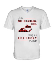 NORTH CAROLINA GIRL LIVING IN KENTUCKY WORLD V-Neck T-Shirt tile